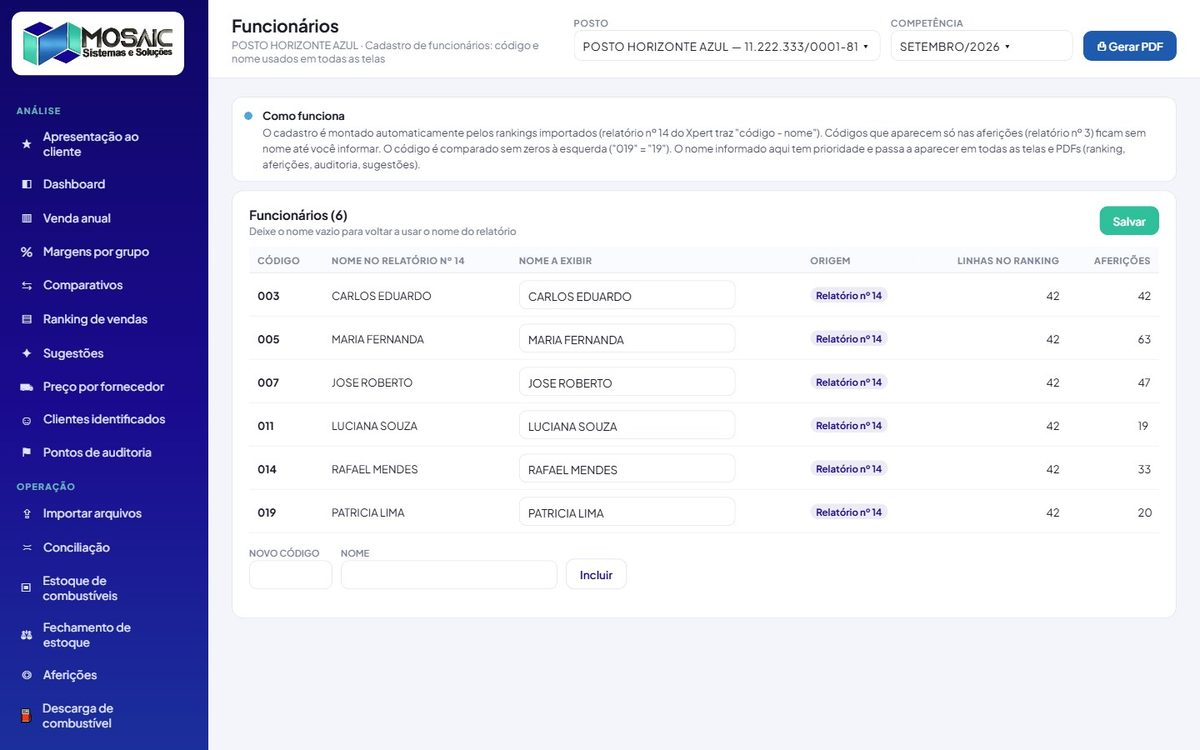 Cadastro de frentistas: código e nome usados em todas as telas