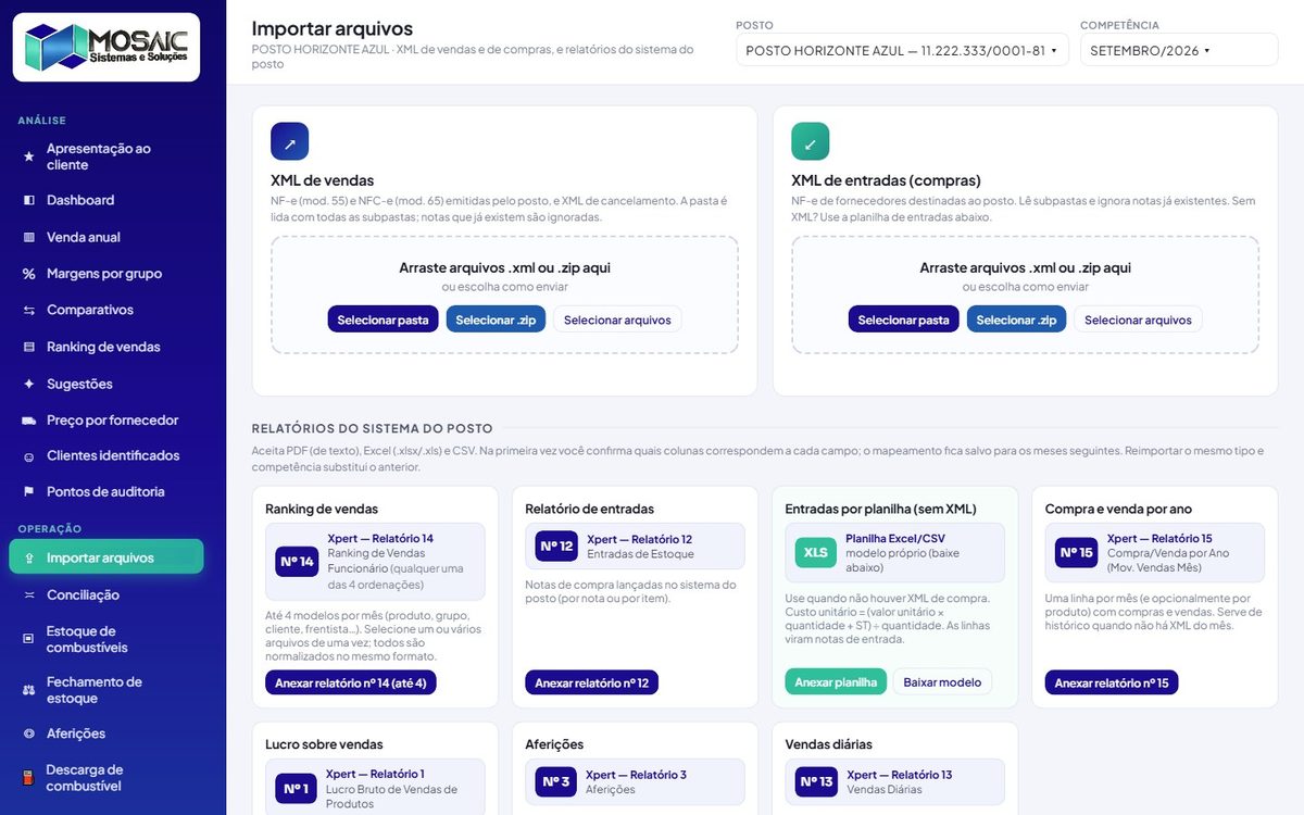 Importação de XML (vendas e compras) e dos relatórios do sistema do posto